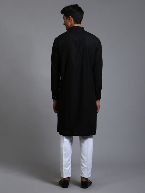 Vastramay Men's Black Cotton Blend Kurta and White Pant Set